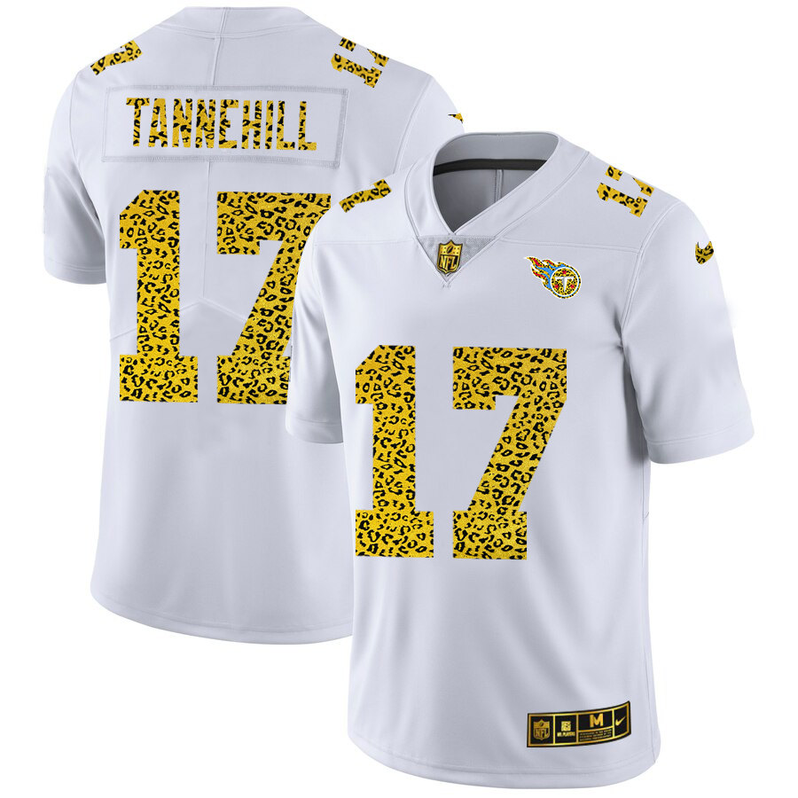 Custom Tennessee Titans 17 Ryan Tannehill Men Nike Flocked Leopard Print Vapor Limited NFL Jersey White